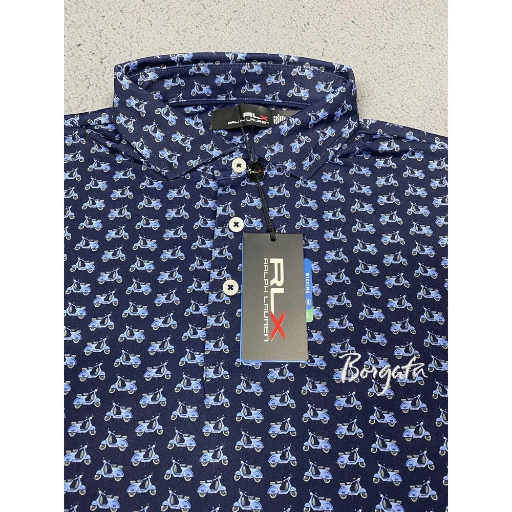 Ralph Lauren RLX Borgata‎ Scooter Print Polo Shirt Mens Large Blue Golf Stretch